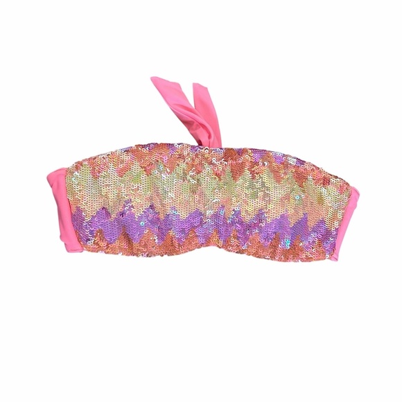 Victoria's Secret Other - Victoria’s Secret Coral Neon Chevron Sequin Bandeau Bikini Swim Top Womens Small